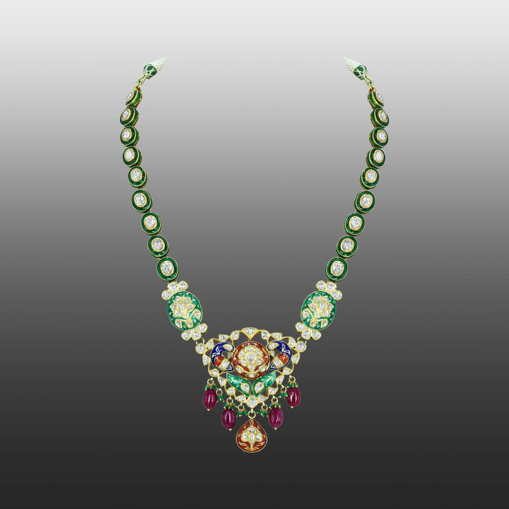 Enamel Necklace with Green-Red Accents, Pearls, and Gemstones